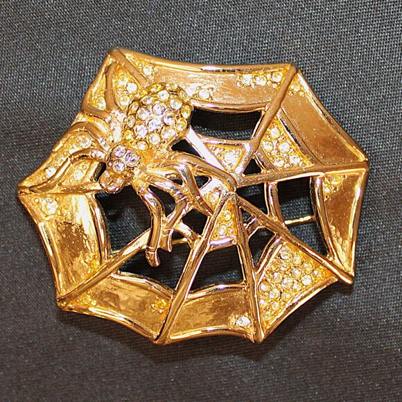 2" Gold Spider & Web Brooch/Pin with faux diamonds - Picture 2 of 8